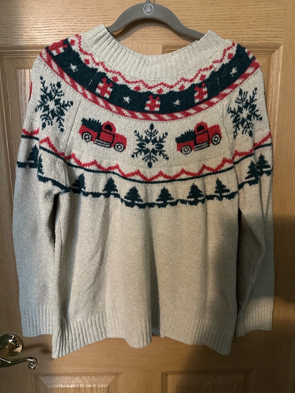 Maurices Women's Cream Fair Isle Holiday Sweater with Red and Green Truck XL